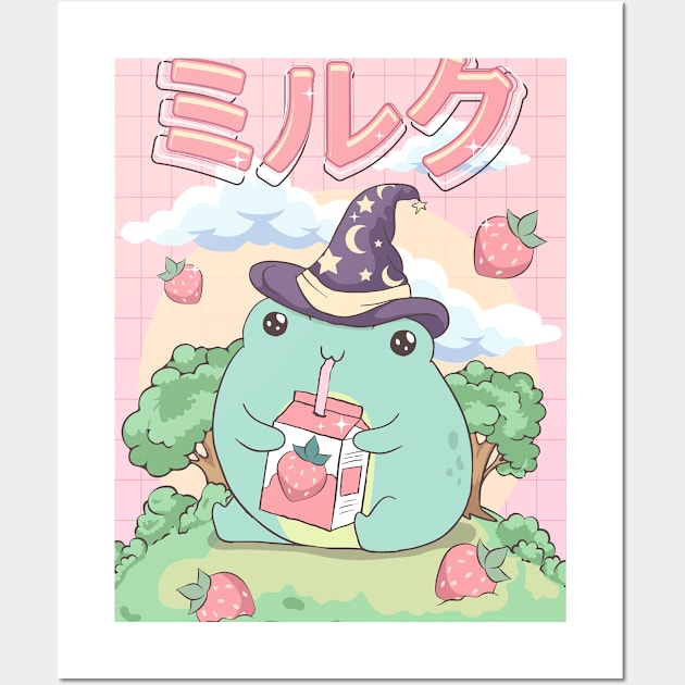 Cottagecore Aesthetic Kawaii Frog Wizard Hat Strawberry Milk Gift Wall Art by Alex21